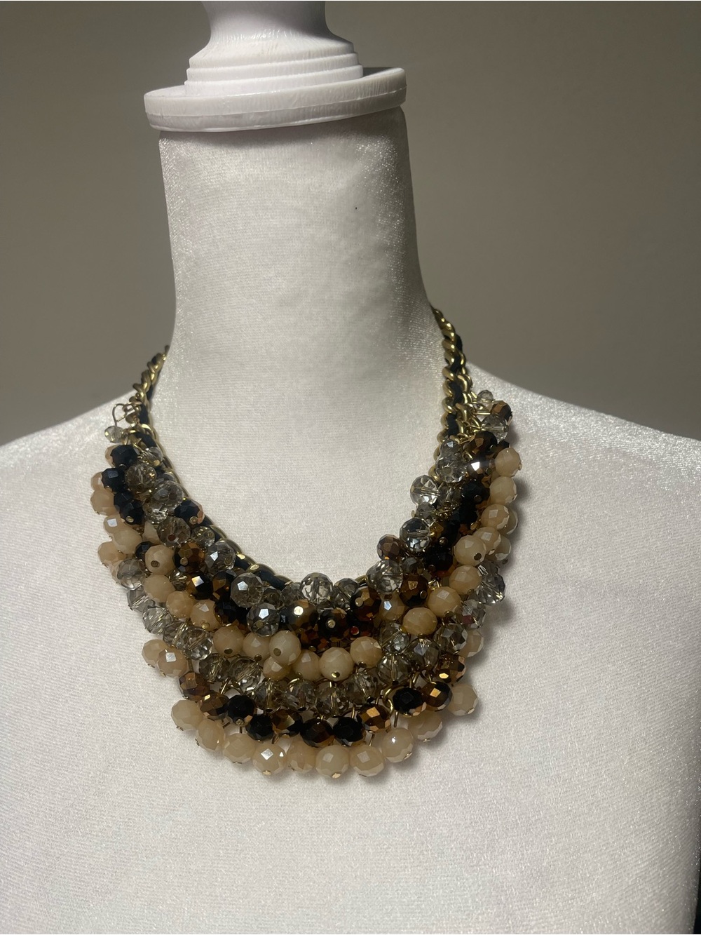 Statement Multi-Strand Beaded Necklace in Beige, Black & Gold